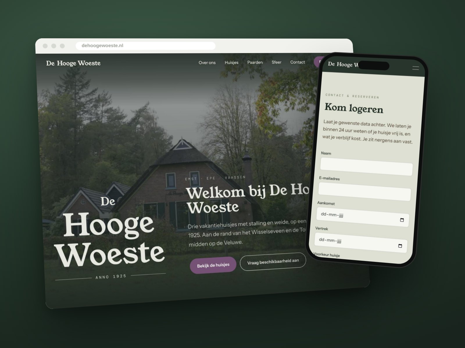 De website van De Hooge Woeste op een laptop en een telefoon