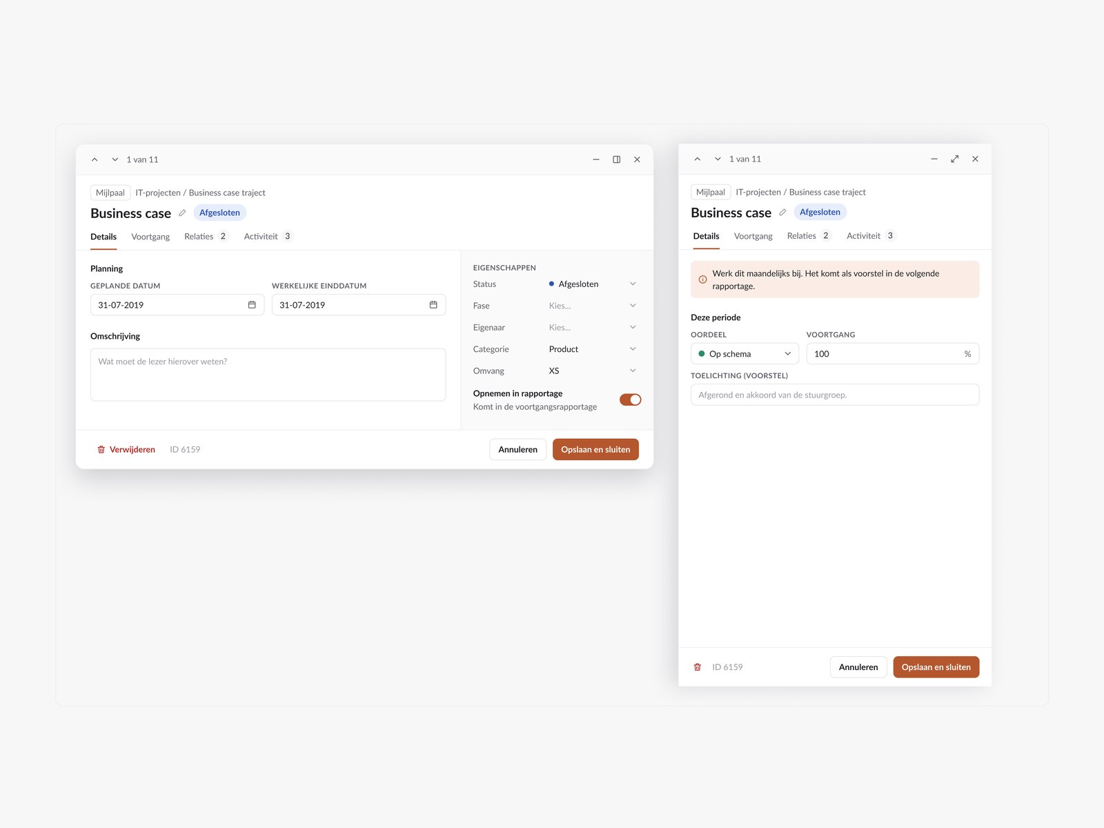 Modal en zijpaneel uit het design system van Projectreports