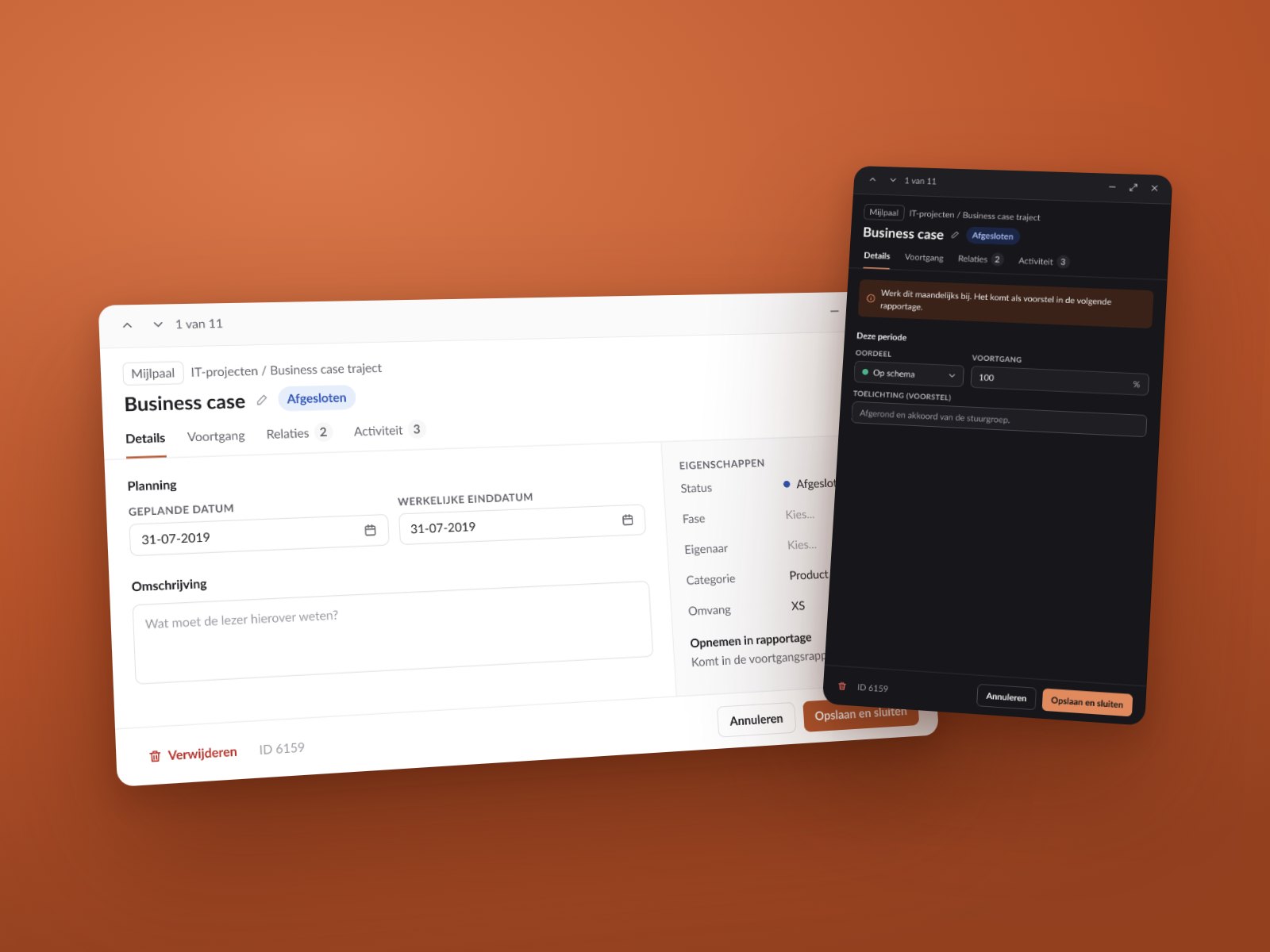 Modal en zijpaneel uit het design system van Projectreports, in licht en donker